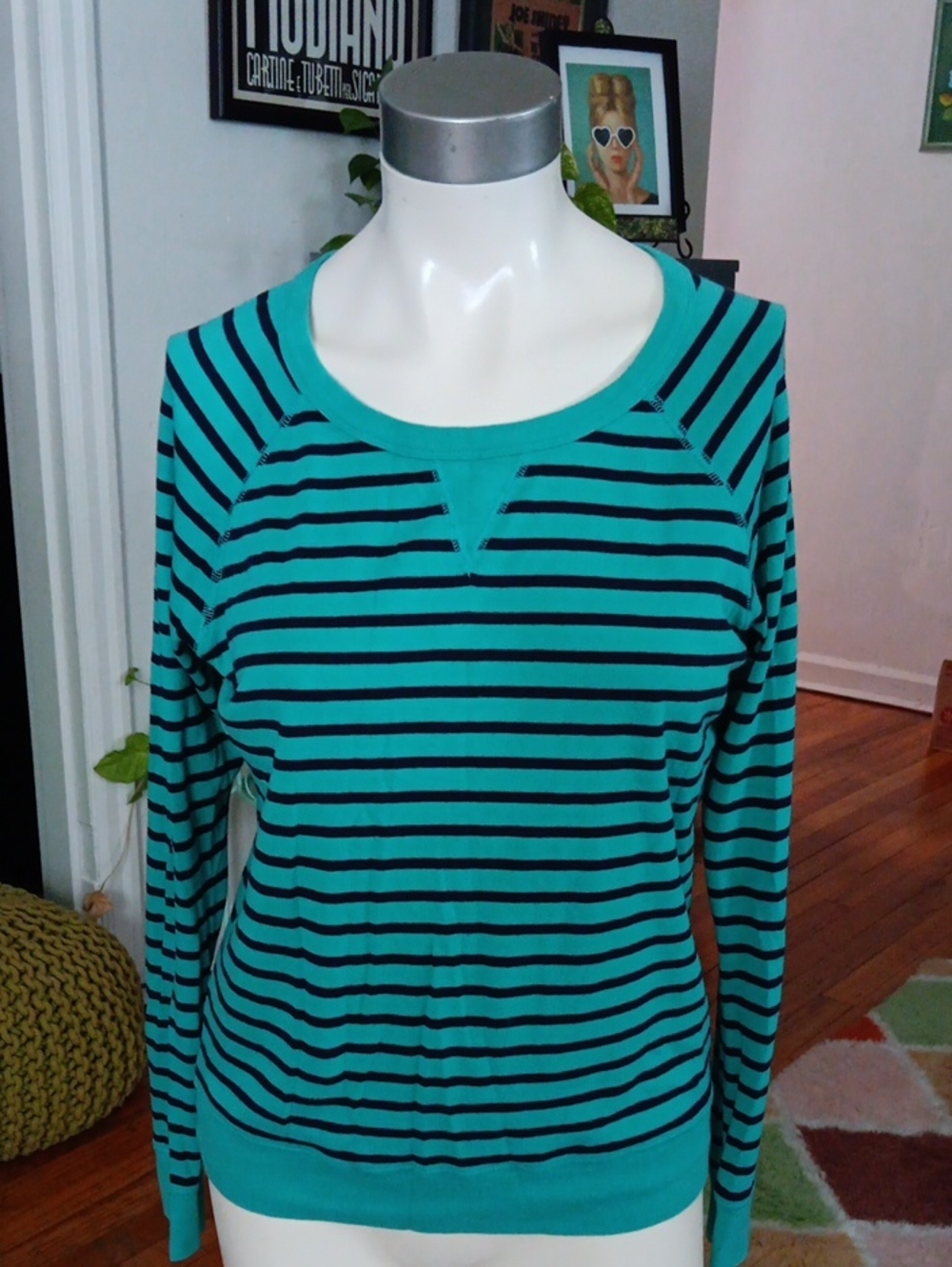 Gap Teal and Black Striped Long-Sleeve Top